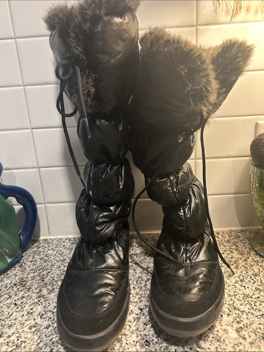 Pajar Black Faux-Fur Quilted Lace-Up Winter Boots